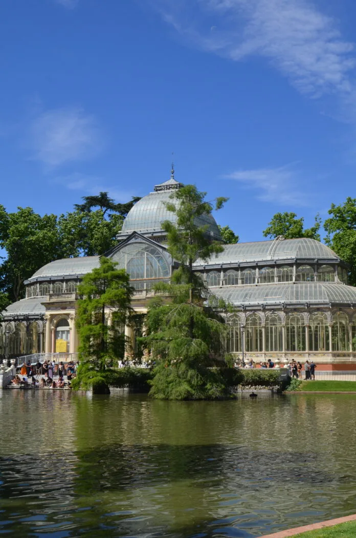 Collage of Madrid's most photogenic places including Crystal Palace, Temple of Debod, and Gran Via