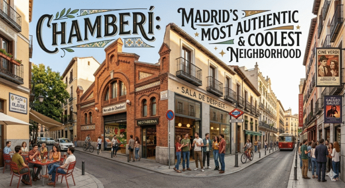 Charming street scene in Chamberí neighborhood with local cafes and tree-lined streets, Madrid