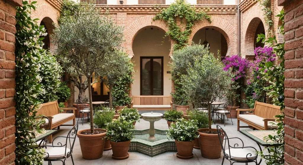 Peaceful interior garden with seating areas at Casa Árabe cultural center, Madrid