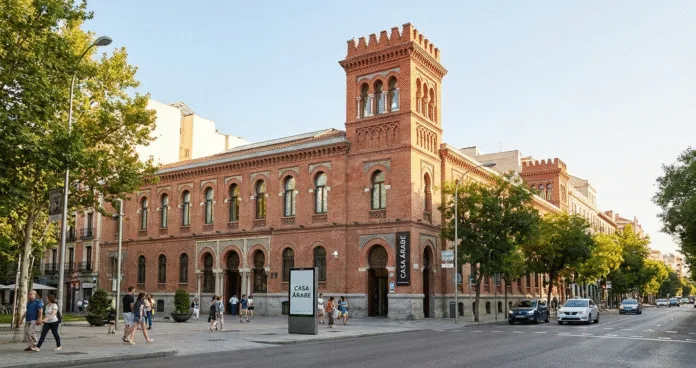 Casa Árabe Neo-Mudéjar building with red brick tower on Calle Alcalá in Madrid