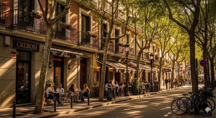 Charming street scene in Chamberí neighborhood with local cafes and tree-lined streets, Madrid