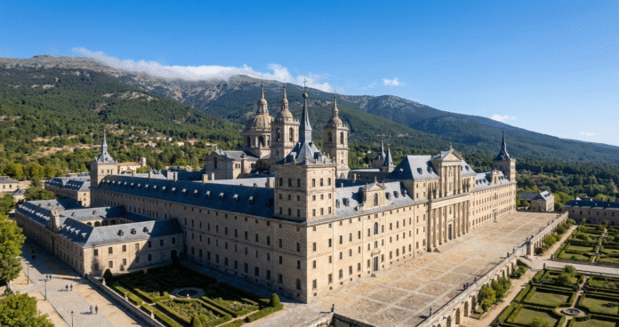 El Escorial - Spain's most impressive monastery-palace Royal Library at El Escorial with frescoed ceiling and ancient books, Madrid day trip