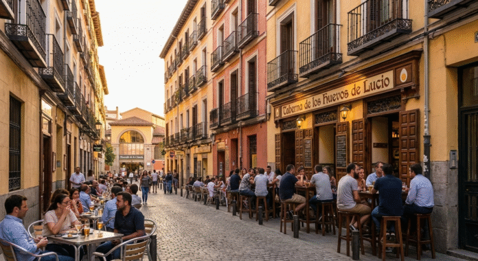 Colorful buildings and outdoor cafes in La Latina neighborhood, Madrid