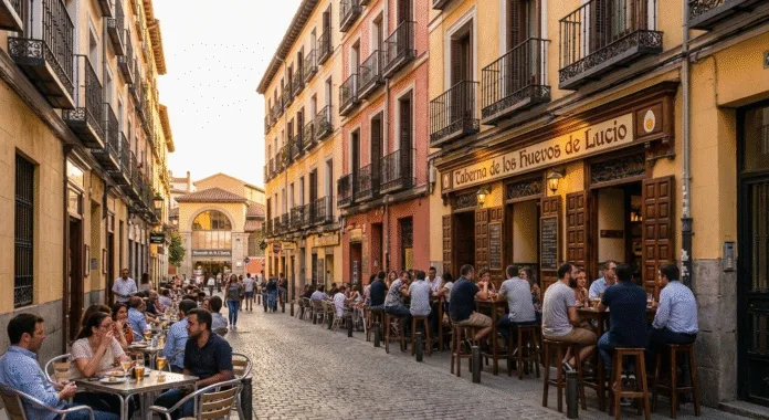 Colorful buildings and outdoor cafes in La Latina neighborhood, Madrid