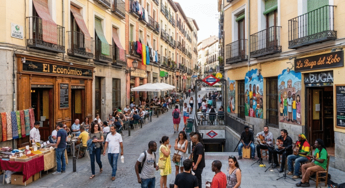 Colorful street scene in Lavapiés neighborhood showing multicultural shops and street art in Madrid