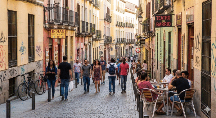 Colorful street scene in Lavapiés neighborhood showing multicultural shops and street art in Madrid