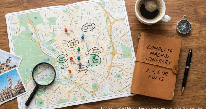 Map and planning materials for Madrid itinerary with highlights marked