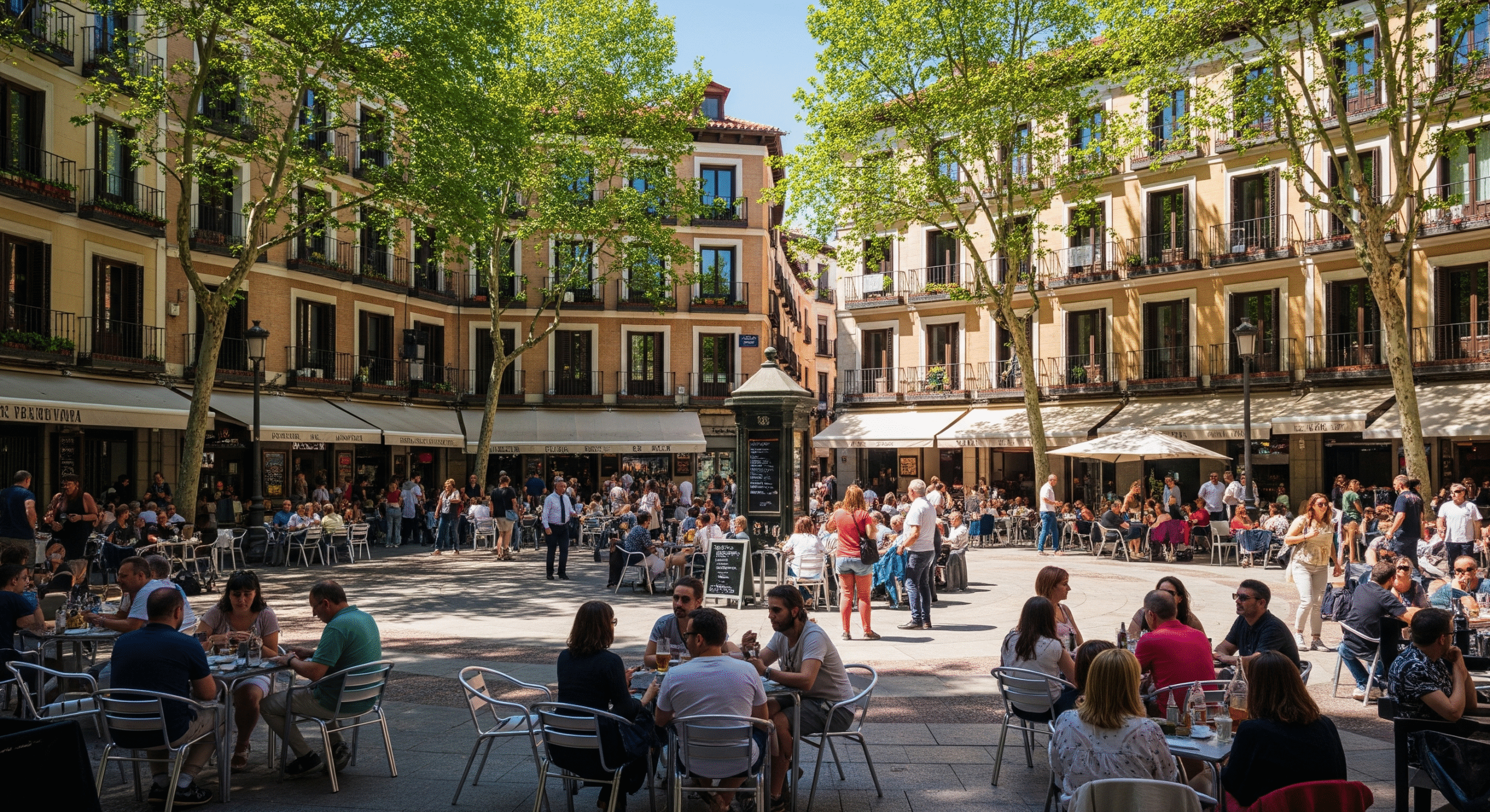 Plaza de Olavide in Chamberí with outdoor terraces and local residents, Madrid