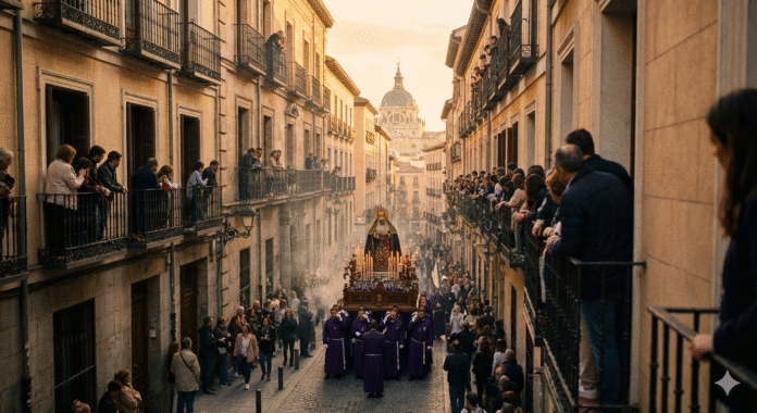 semana-santa-madrid-2026-holy-week-guide-hero Semana Santa procession passing through historic Madrid street at sunset during Holy Week 2026