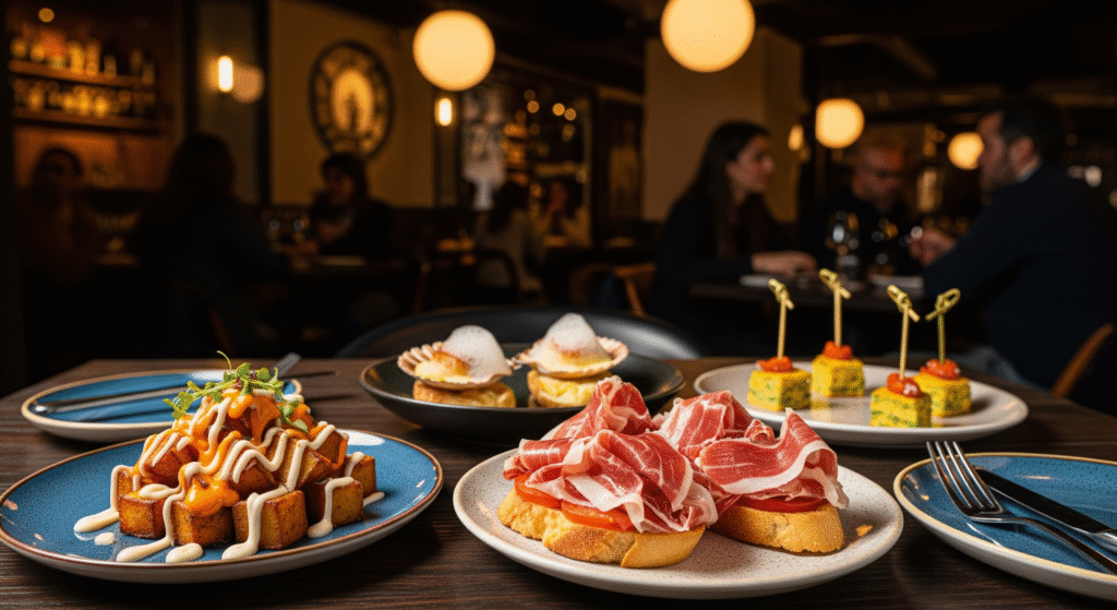 Gourmet tapas dishes served at restaurant on Calle Ponzano in Chamberí, Madrid