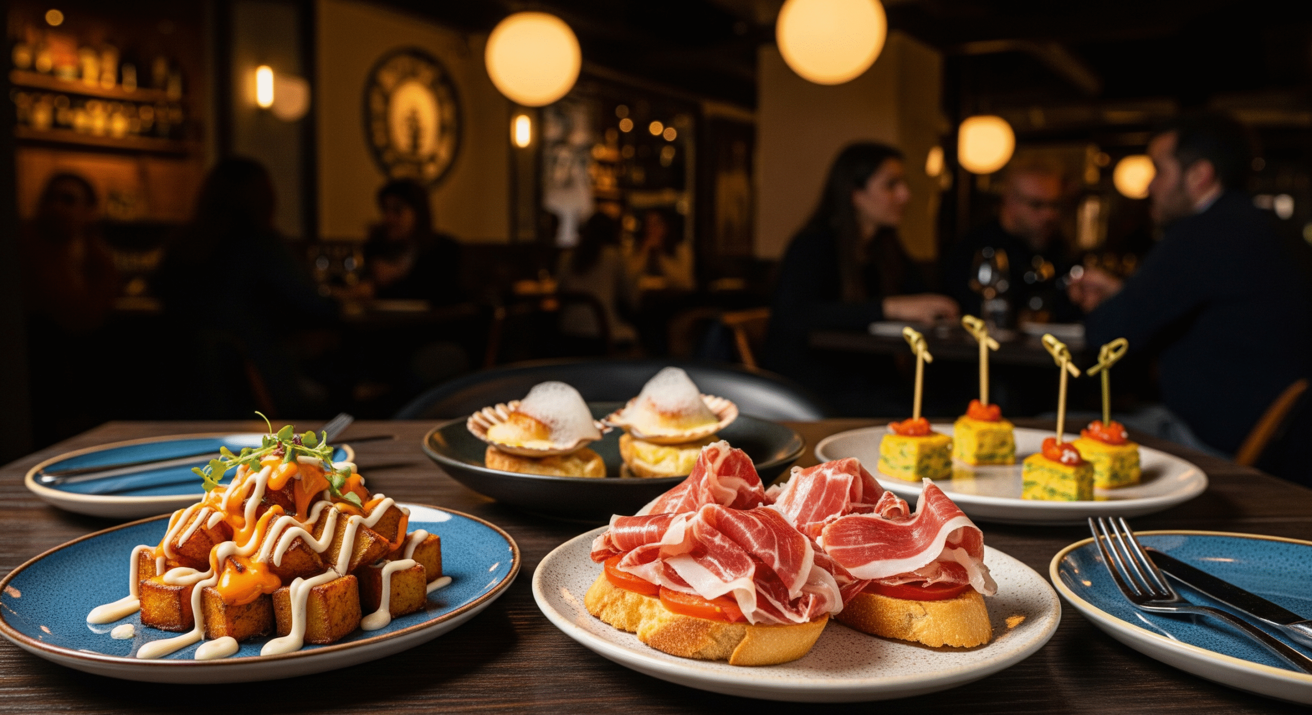 Gourmet tapas dishes served at restaurant on Calle Ponzano in Chamberí, Madrid