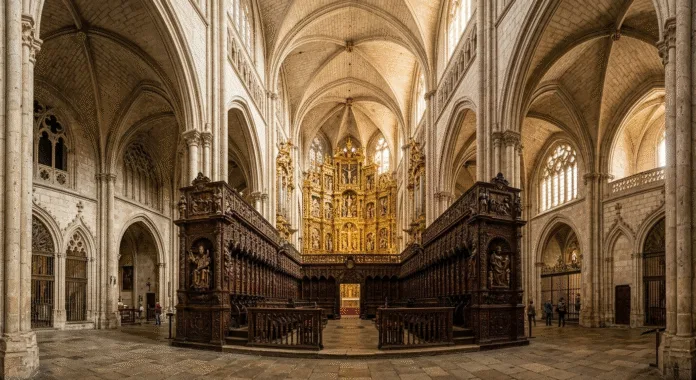 Toledo Cathedral interior showing Gothic architecture main altarpiece and choir stalls Spain