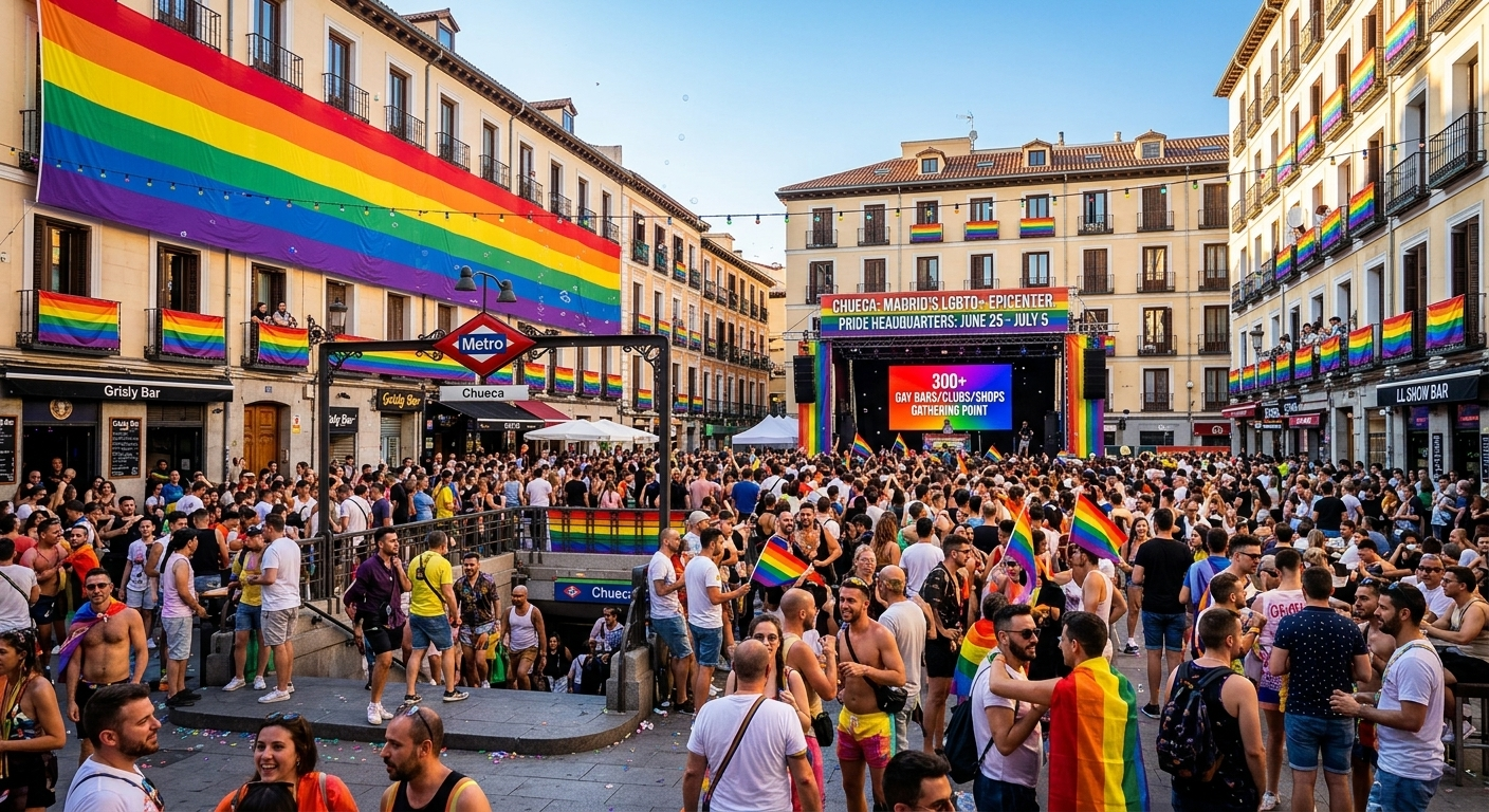 Chueca neighborhood Madrid Pride rainbow crosswalks flags LGBTQ bars epicenter