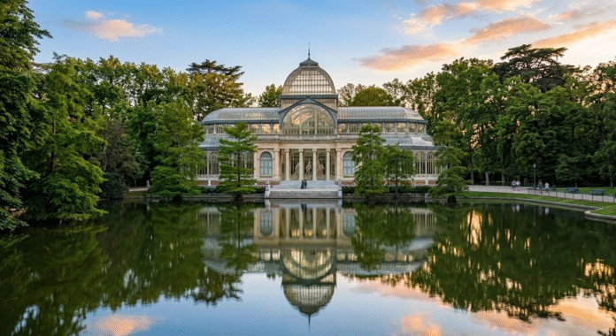 Crystal Palace Palacio de Cristal glass structure lake reflection Retiro Park Madrid