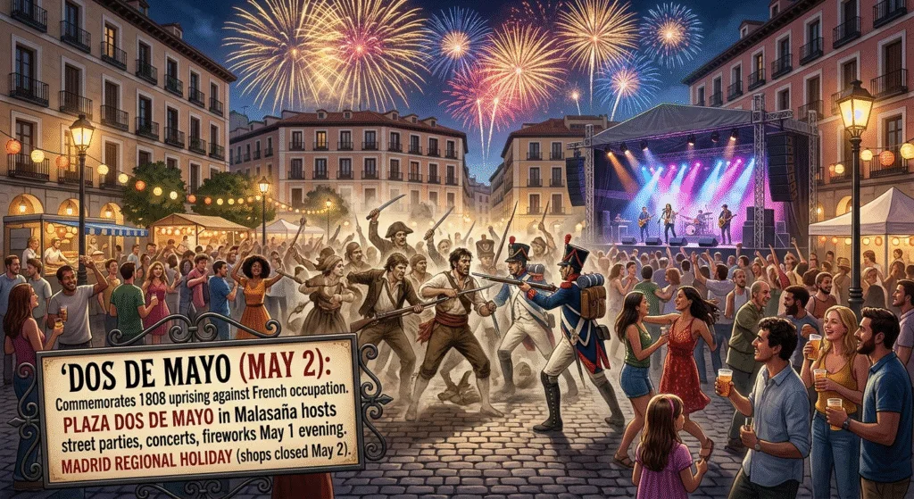Dos de Mayo Madrid Day May 2 Malasaña Plaza street parties fireworks