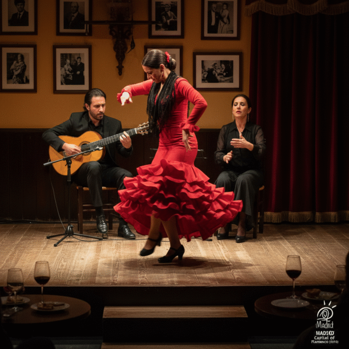 flamenco-dancer-bailaora-madrid-tablao-zapateado Flamenco bailaora dancer Madrid tablao zapateado footwork red dress performance