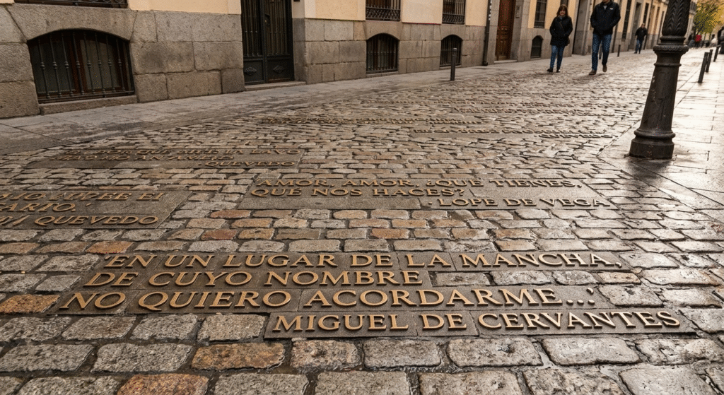 Literary quotes carved bronze letters cobblestones Calle Huertas Barrio de las Letras
