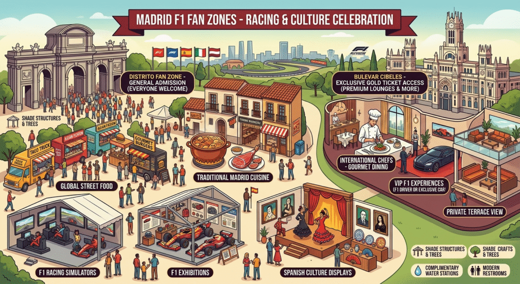 Madrid F1 fan zones simulators food Spanish culture entertainment MADRING