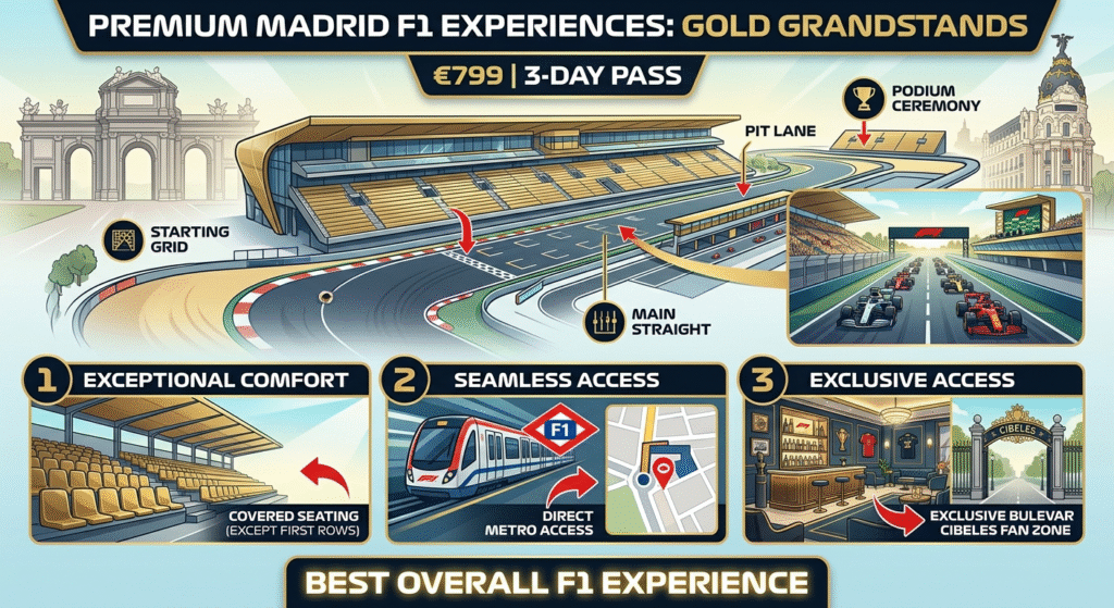 Madrid F1 Gold grandstand starting grid main straight pit lane podium view