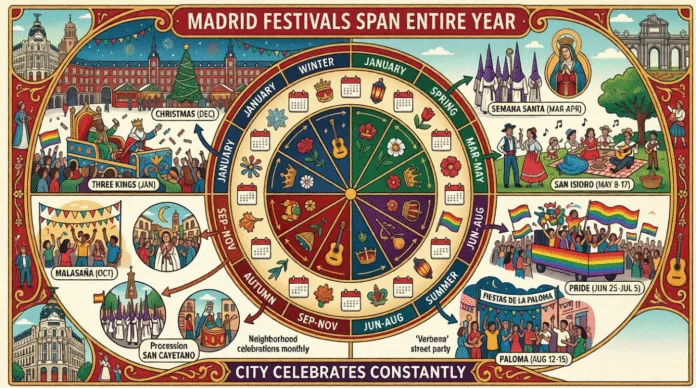 madrid-festivals-calendar-year-round-celebrations Madrid festivals calendar 2026 year-round San Isidro Pride Paloma Christmas celebrations