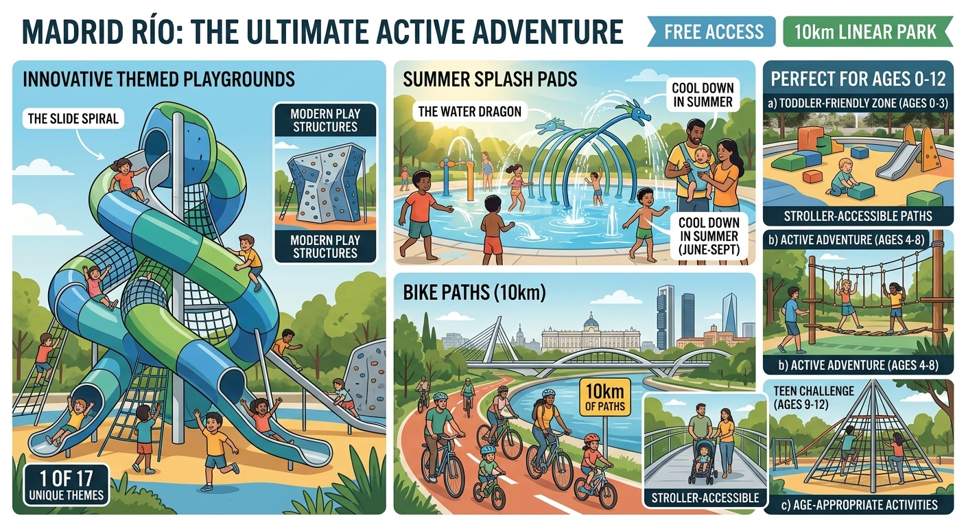 Madrid Río 17 playgrounds innovative water splash pads kids toddlers