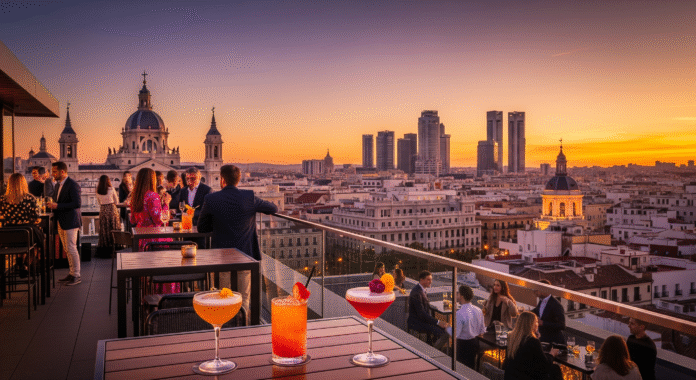 Madrid rooftop bar terrace at sunset with cocktails and panoramic city views skyline