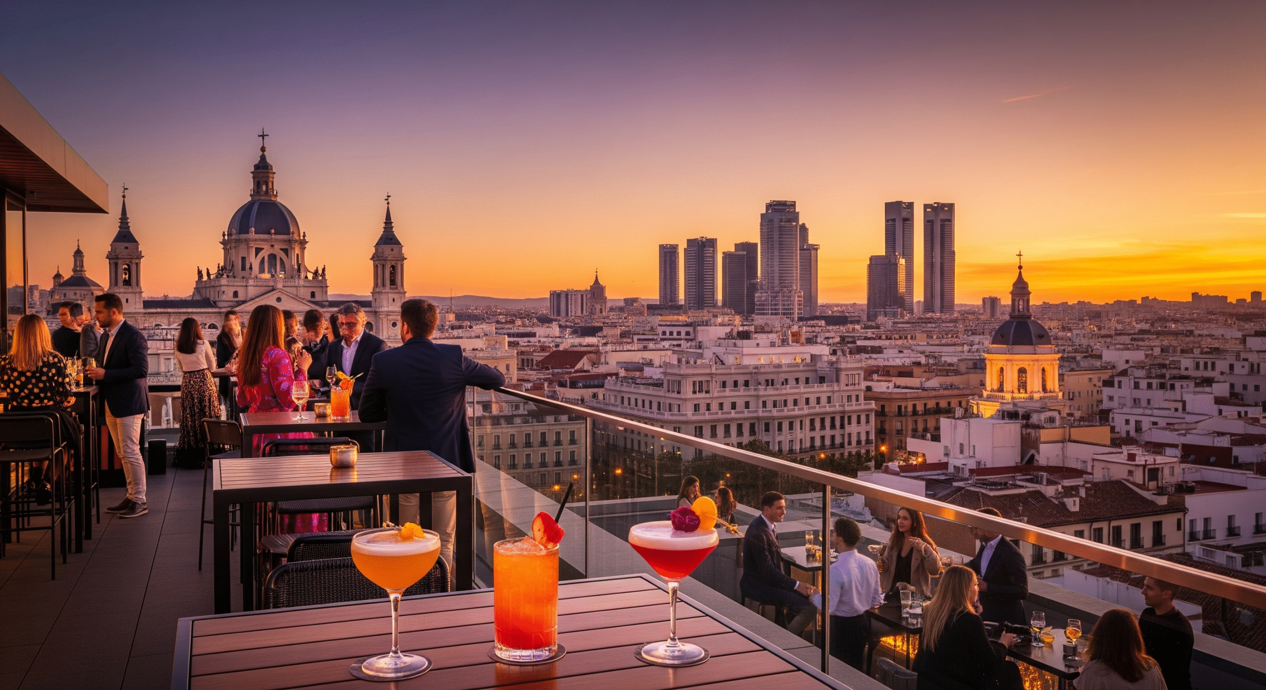 Madrid rooftop bar terrace at sunset with cocktails and panoramic city views skyline