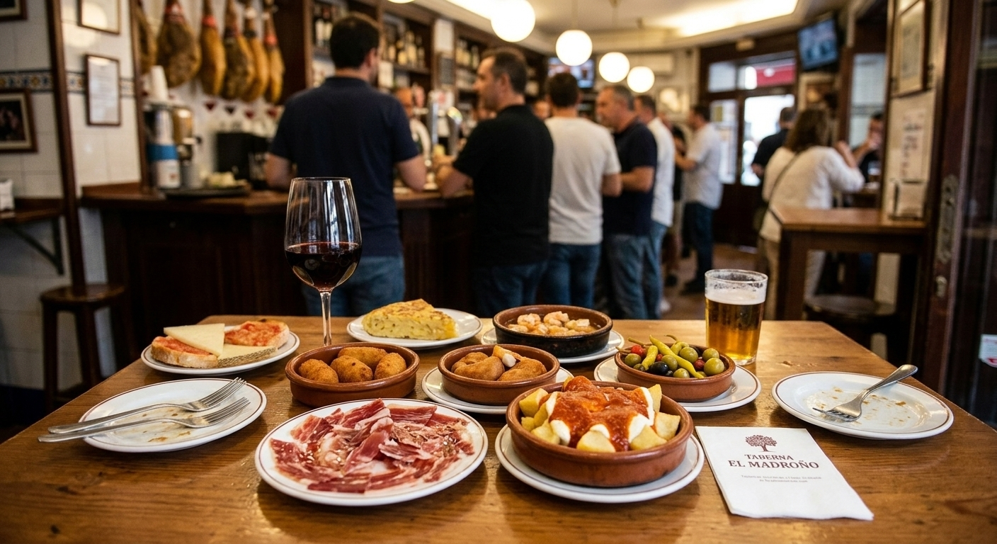Traditional Spanish tapas spread with croquetas patatas bravas jamón Madrid bars