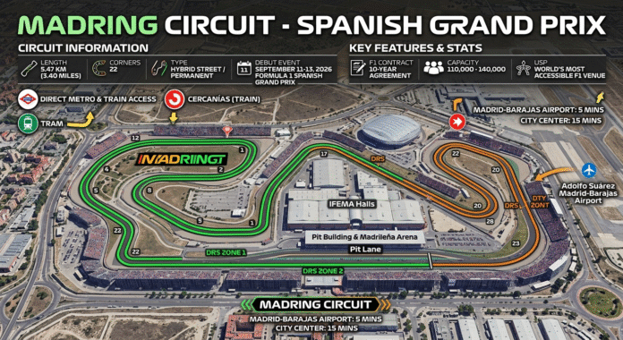 MADRING circuit Madrid F1 Grand Prix 2026 aerial view IFEMA hybrid track