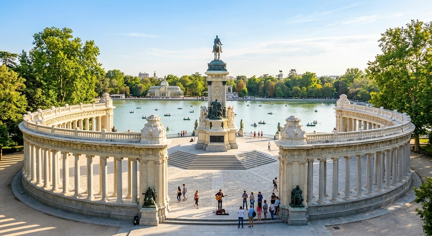 Monument to Alfonso XII semi-circular colonnade Retiro Park Madrid