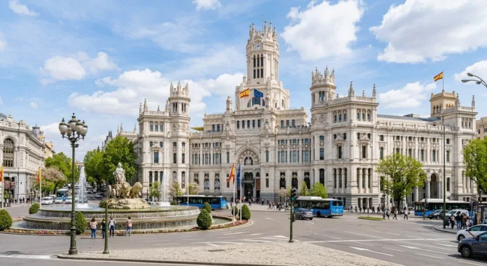 Palacio de Cibeles - Madrid's iconic wedding cake palace Palacio de Cibeles wedding cake palace white ornate building Plaza Cibeles Madrid Spain