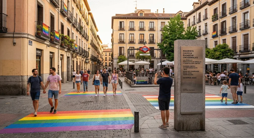 Rainbow crosswalks Chueca Madrid Pride LGBTQ neighborhood year-round symbol