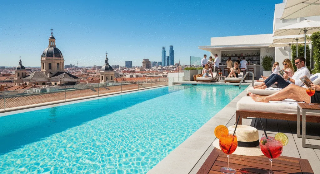 Rooftop swimming pool terrace Madrid summer sky bar cocktails poolside
