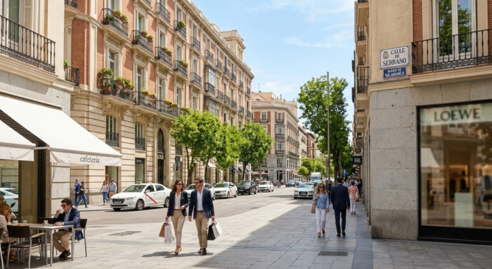 Salamanca's Golden Mile - Madrid's luxury shopping district Calle Serrano Golden Mile luxury shopping street in Salamanca neighborhood Madrid Spain