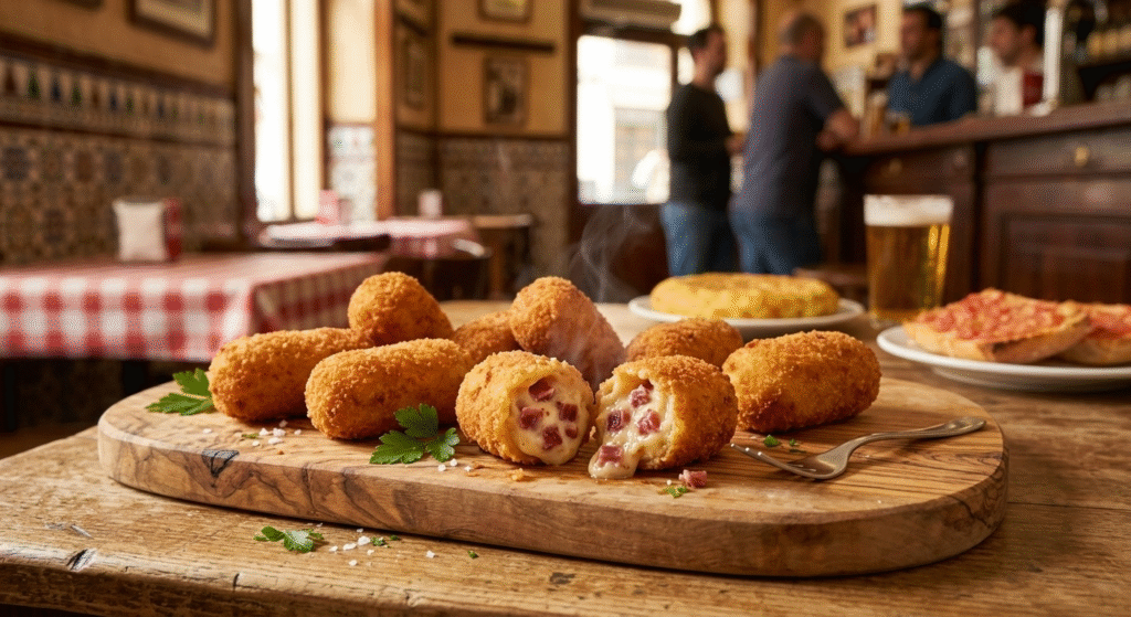 Golden crispy croquetas Spanish tapas creamy béchamel filling Madrid restaurants