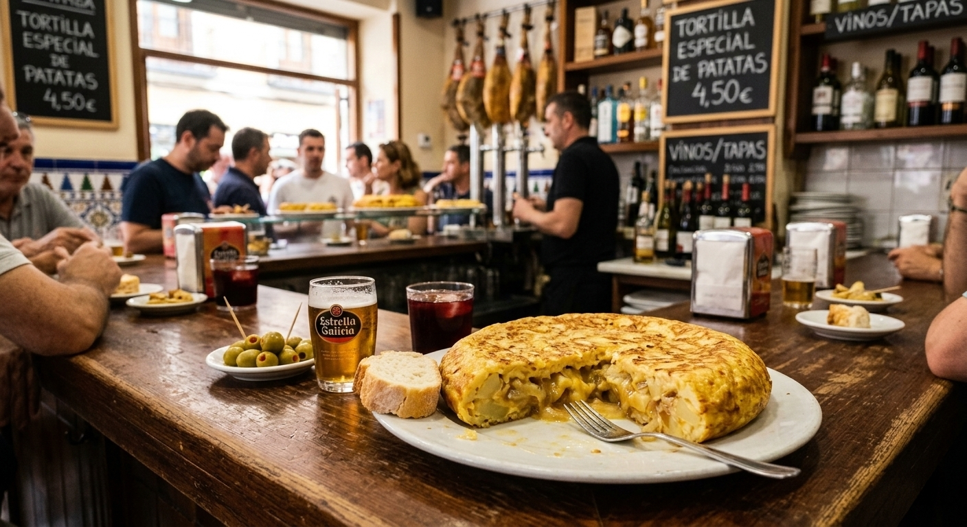 Tortilla española Spanish potato omelet runny center jugosa Madrid tapas bars