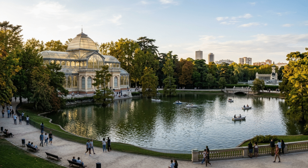 Retiro Park Madrid Crystal Palace Palacio de Cristal lake reflection spring 2026