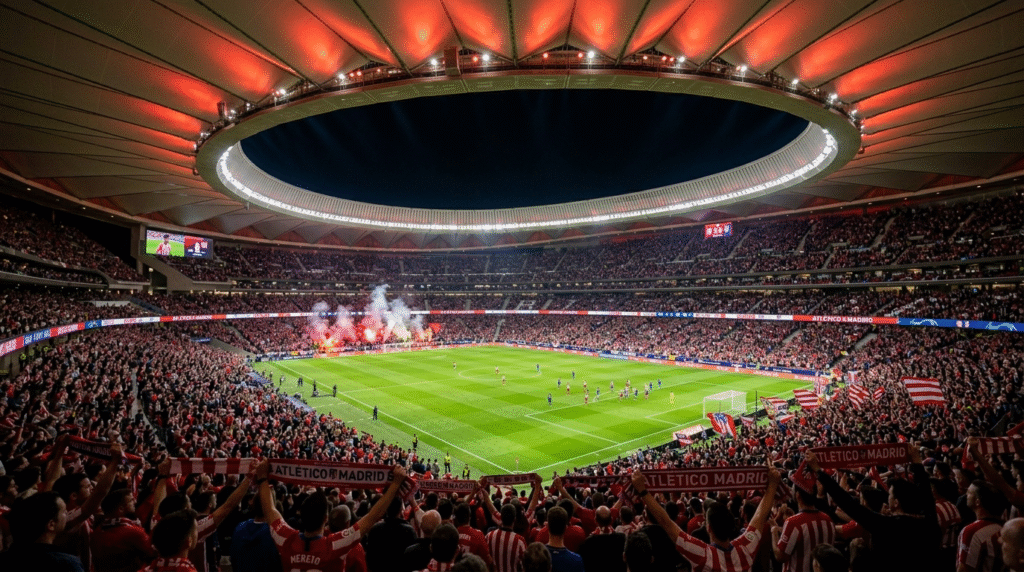 Inside view of Civitas Metropolitano stadium seating sections and pitch Atletico Madrid