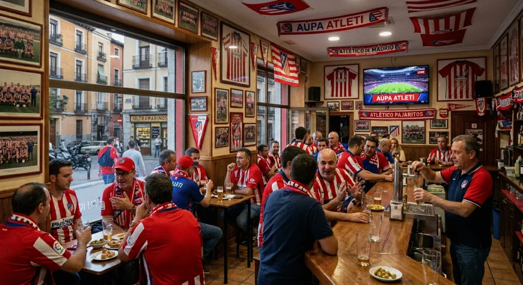 Madrid locals drinking beer and eating tapas at a bar before an Atletico Madrid match