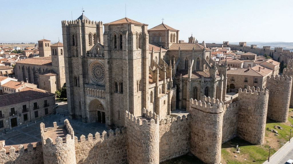 Ávila cathedral fortress apse built into city walls defensive Romanesque Gothic 12th century