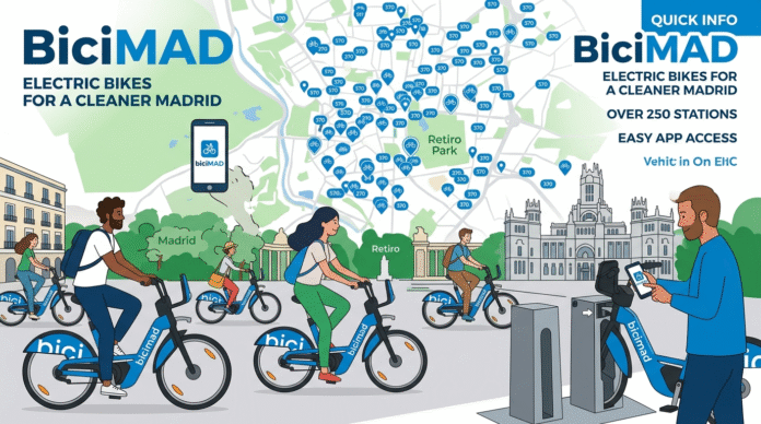 BiciMAD Madrid blue electric bikes 2023 fleet 7795 bikes 635 stations 2026