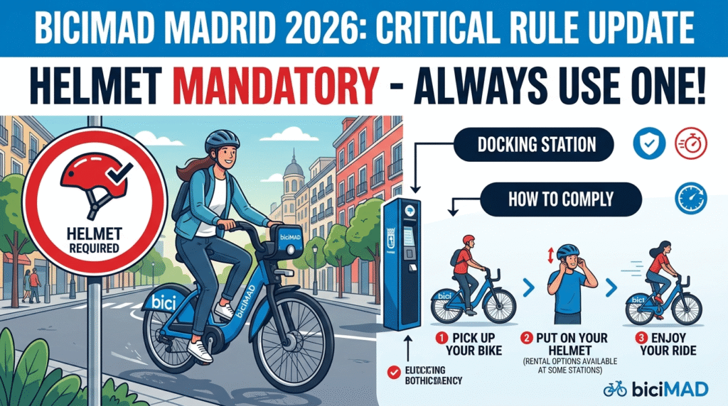 BiciMAD Madrid helmet mandatory 2026 €200 fine warning requirement BiciMAD doesn't provide