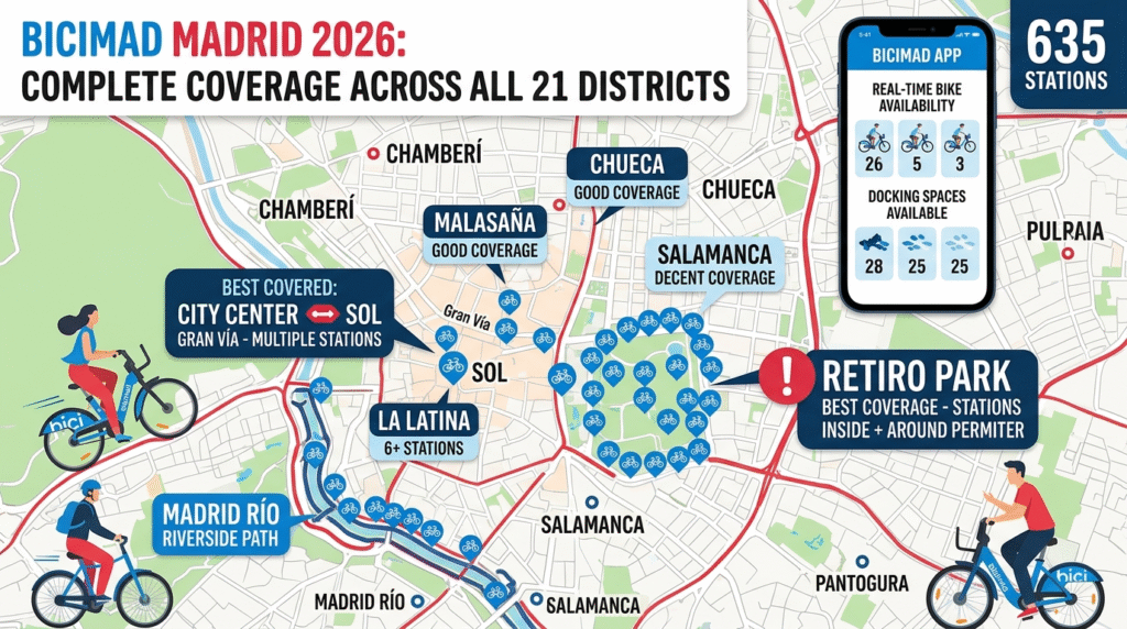 BiciMAD Madrid stations map coverage 635 locations Retiro Park city center 2026