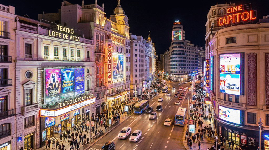 Gran Vía Madrid night illuminated Metrópolis building shopping Broadway Spain