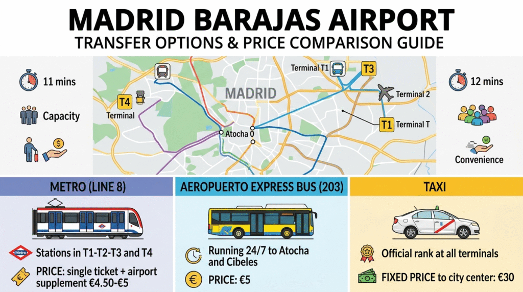 Madrid airport Barajas transfer options metro bus taxi prices comparison guide