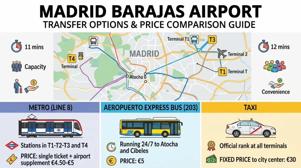 Madrid airport Barajas transfer options metro bus taxi prices comparison guide