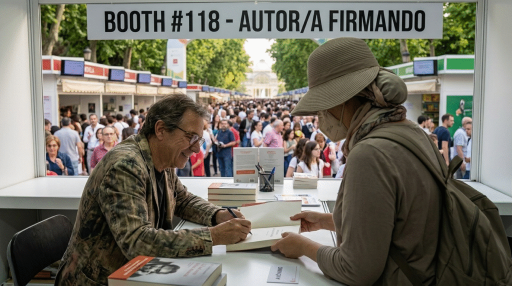 Madrid Book Fair author signing queue Spanish writer celebrity Feria Libro