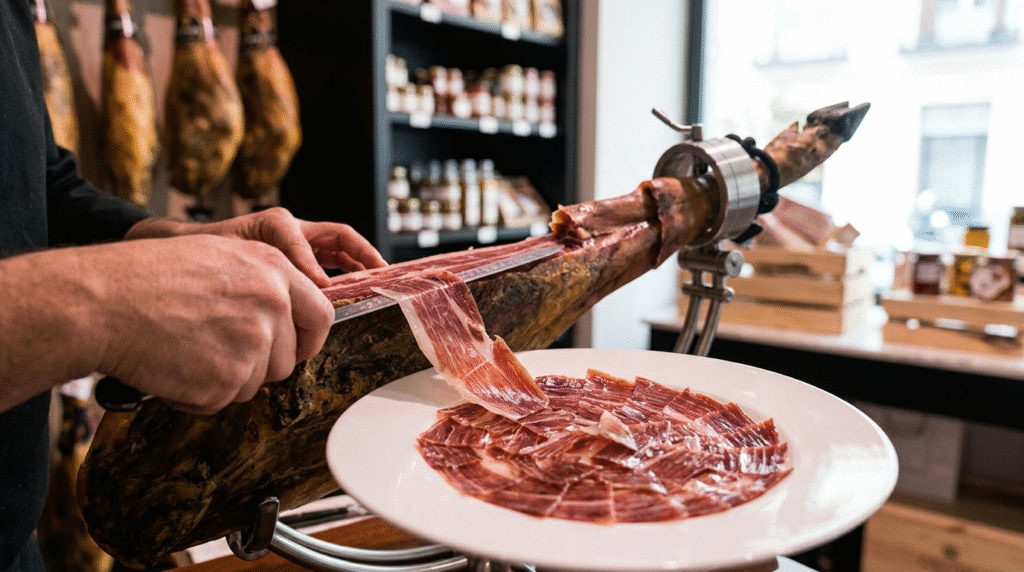 Madrid jamón ibérico de bellota cured ham acorn-fed Iberian pig Mercado San Miguel tapas