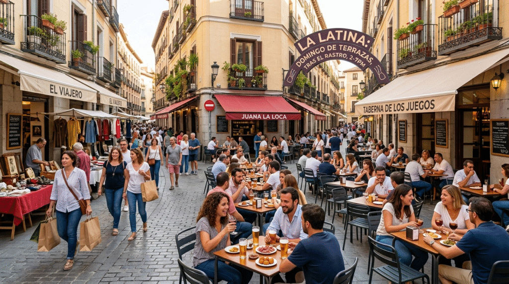 Madrid La Latina terraces Sunday Cava Baja street Plaza Cebada El Viajero outdoor bars