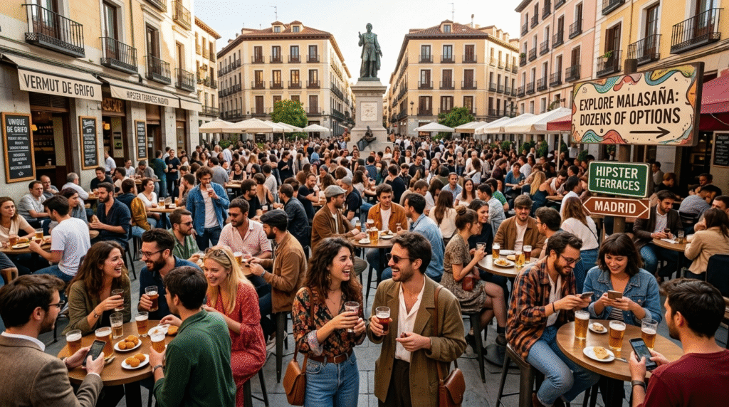 Madrid Malasaña terraces Plaza Dos de Mayo hipster young crowd brunch alternative vintage